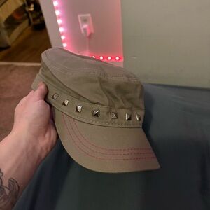 Khaki and pink Y2K studded cap with pink camo inside